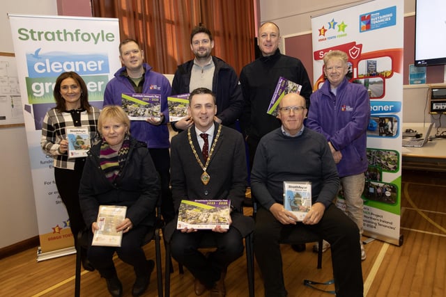 STRATHFOYLE VILLAGE PLAN LAUNCH. . . . .The Deputy Mayor of Derry City and Strabane District Council, Jason Barr pictured at the launch of the Strathfoyle Village Plan at the Strathfoyle Teachers Training Centre on Thursday morning. Included at front are Norma Buchanan, Housing Executive and Mike Savage, Greenways Development Officer (DCSDC) Back from left, Paul Hughes, Enagh Youth Forum, Michael Cooke, Housing Executive, Matthew Plummer (Rural Warden) DCSDC and Michelle Hayden, Enagh Youth Forum. (Photos: Jim McCafferty Photography)