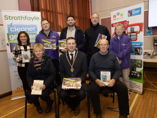 STRATHFOYLE VILLAGE PLAN LAUNCH. . . . .The Deputy Mayor of Derry City and Strabane District Council, Jason Barr pictured at the launch of the Strathfoyle Village Plan at the Strathfoyle Teachers Training Centre on Thursday morning. Included at front are Norma Buchanan, Housing Executive and Mike Savage, Greenways Development Officer (DCSDC) Back from left, Paul Hughes, Enagh Youth Forum, Michael Cooke, Housing Executive, Matthew Plummer (Rural Warden) DCSDC and Michelle Hayden, Enagh Youth Forum. (Photos: Jim McCafferty Photography)