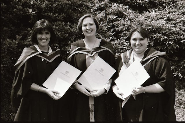 Photographs of students, professors, and proud parents during the Magee graduations in June 1995.