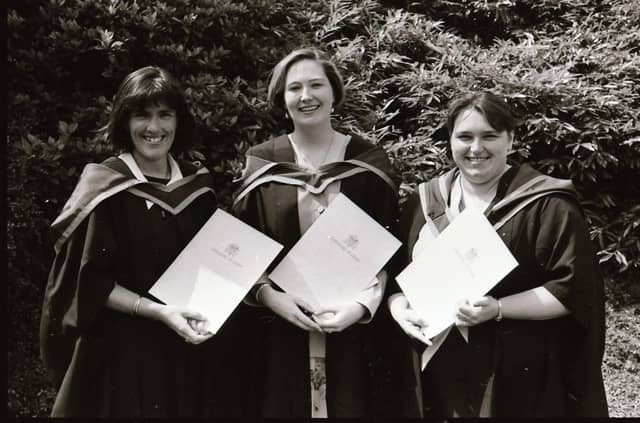 Photographs of students, professors, and proud parents during the Magee graduations in June 1995.