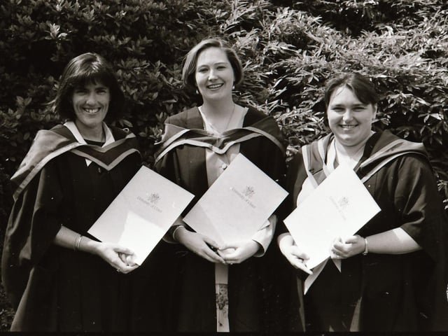 Photographs of students, professors, and proud parents during the Magee graduations in June 1995.
