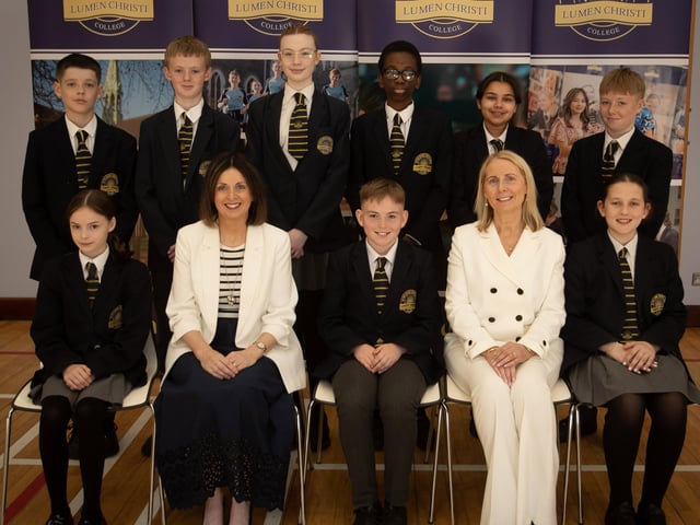 Lumen Christi College year 8 Pupil of the Year nominees pictured with Ms Maeve McMenamin (Senior Teacher) and Mrs Brónach O’Hare (Vice Principal).