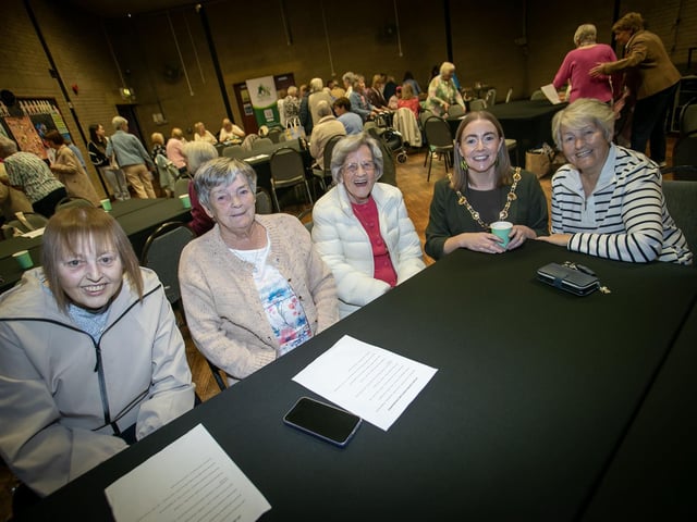 Coffee and a chat at Friday's event with the Mayor, Grace Ui Niallais pictured with Christine Moore, Maureen Sheerin, Hilda McColgan and Agnes Ward.
