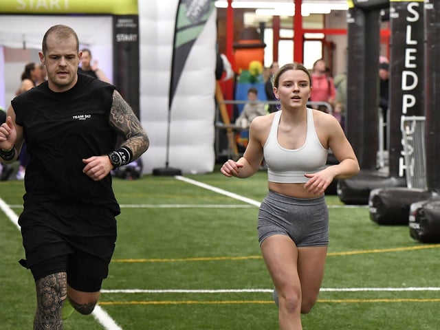 Competitors take part in the Maiden City Hyrox V Fitness Challenge held at Sean Dolans GAC on Saturday. Photograph: George Sweeney