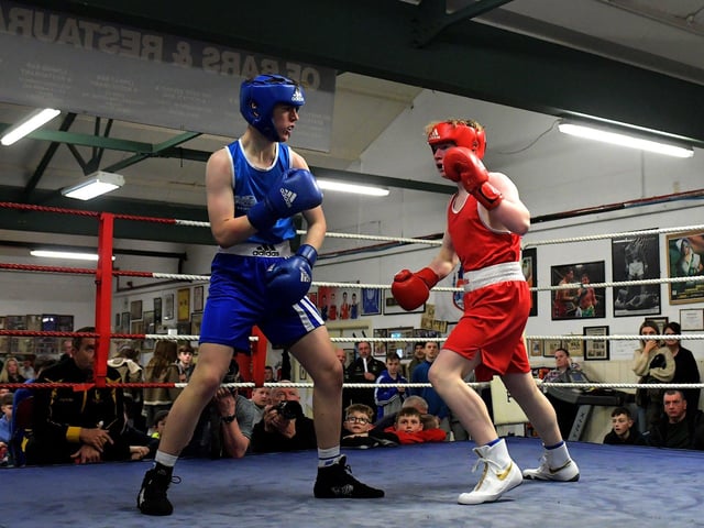 Cahir O’Doherty, The Ring, left, boxing The Loup’s David Kennedy. Photo: George Sweeney