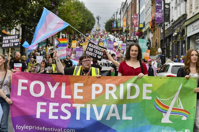 The 2025 Foyle Pride Parade makes its way down Shipquay Street towards Guildhall Square.. Photo: George Sweeney