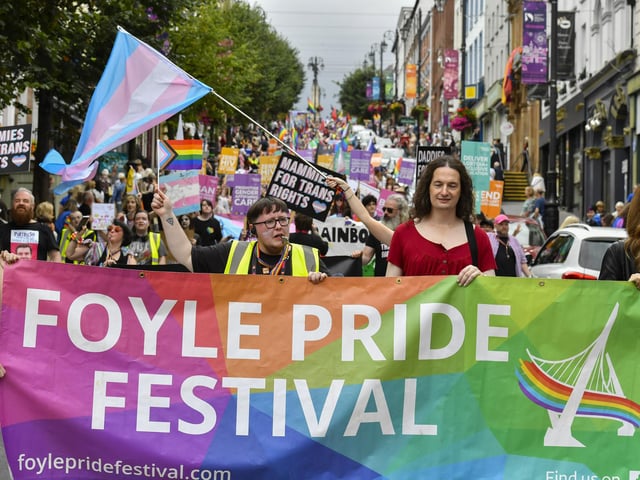 The 2025 Foyle Pride Parade makes its way down Shipquay Street towards Guildhall Square.. Photo: George Sweeney
