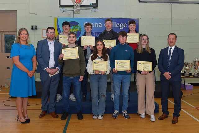 Students who received Distinctions in LCVP, pictured at the annual Crana College Prize Giving on Friday afternoon last with Ms Clare Bradley (BOM), on the left, Mr Dean Harron, guest speaker and Mr Kevin Cooley principal. Photo: George Sweeney DER2246GS - 100