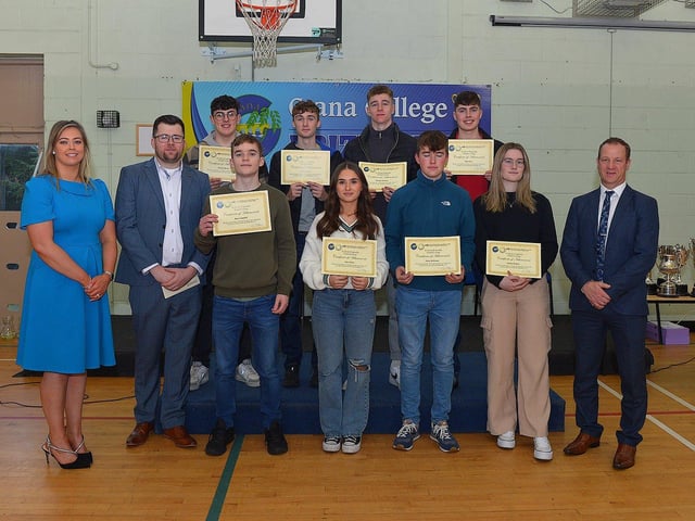 Students who received Distinctions in LCVP, pictured at the annual Crana College Prize Giving on Friday afternoon last with Ms Clare Bradley (BOM), on the left, Mr Dean Harron, guest speaker and Mr Kevin Cooley principal. Photo: George Sweeney DER2246GS - 100