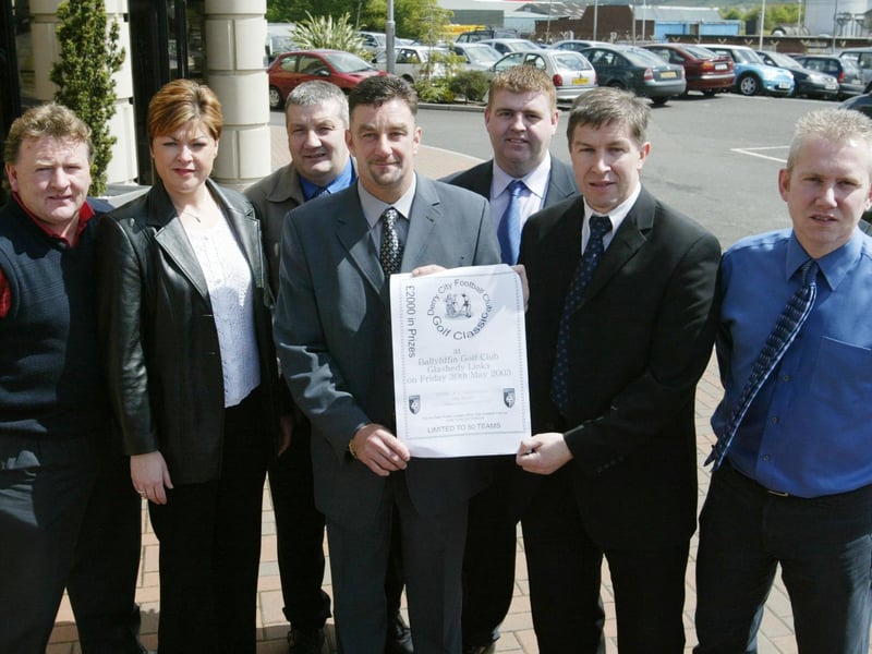 Former Republic of Ireland striker John Aldridge pictured with members of the Derry City Development Committee at the launch of the Derry City Golf Classic which is being held at Ballyliffin on 30th May. Included in photo are Paul Doherty, Dara Doherty, Cecil Doherty, John Aldridge, Danny Meehan, Robert Martin and Michael Burns. (1605JB10)