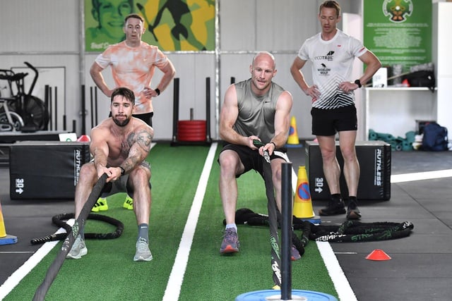 Competitors take part in the doubles' event at the Aodhán’s Hyrox, in aid of Foyle Search and Rescue, at Na Magha on Sunday. Photo: George Sweeney