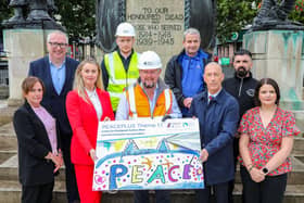 MaryClaire Kerlin, PEACE Officer, Tony Monaghan, Council's Regeneration Manager, Anne Carlin, Council's Regeneration Project Officer, John Fitzpatrick, ESC Construction Consultants, Johnny Booth, Irish Stone, Seamus Breslin, Creggan Enterprises, Jason Dougherty, Chairman of Londonderry Royal British Legion, David Thompson, Newgate Arts and Cultural Centre, Sarah Smallwoods, RAPID pictured at The Diamond War Memorial in Derry City Centre, one of four District war memorials which will be restored as part of an SEUPB-funded PEACE Plus project.