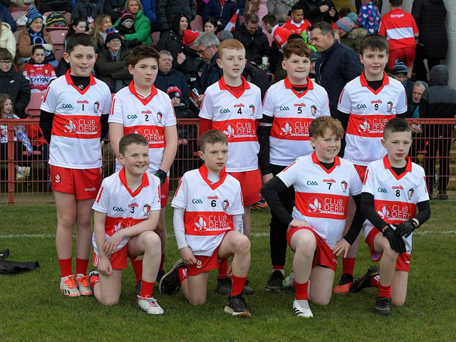 Young footballers from Club Derry played at half-time in Celtic Park on Saturday evening. Photo: George Sweeney