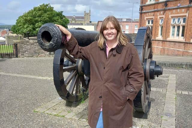 Presenter, Jane Rea, exploring Derry’s Walls Ulster-Scots links