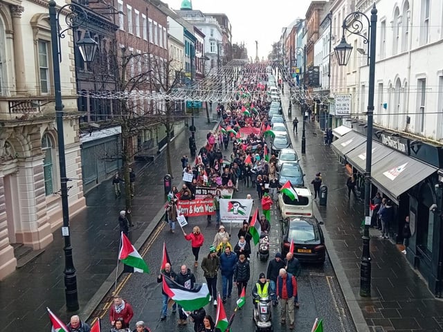 Thousands participate in Derry rally for Palestine calling for a ceasefire in Gaza on January 13, 2024