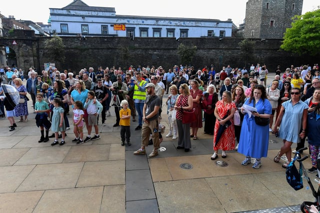 Crowds gather in Guildhall Square on Monday afternoon to see human rights icon Little Amal. Photo: George Sweeney