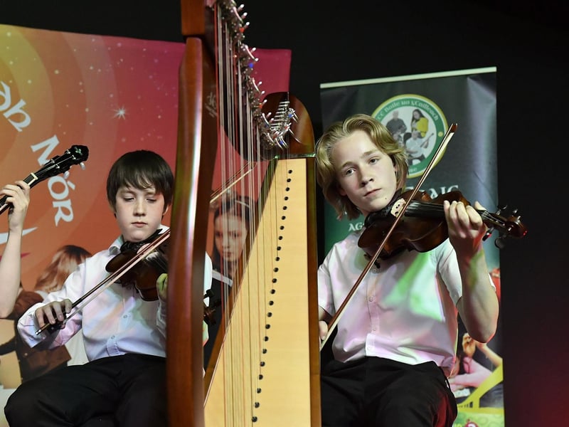 Young musicians playing during the Fleadh Mhór Dhoíre Céili Bands competition held in Studio 2. Photo: George Sweeney