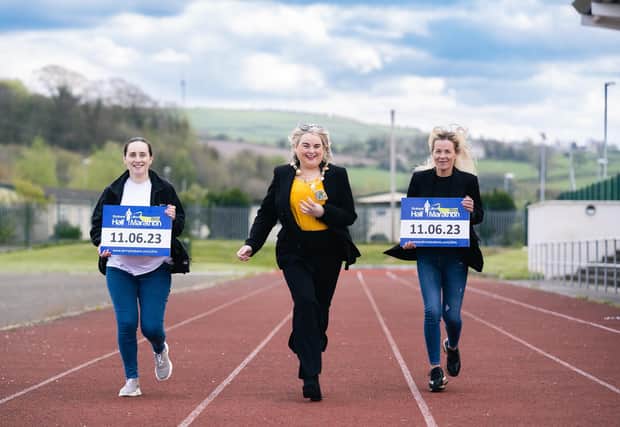 Derry City & Strabane District Council Mayor Sandra Duffy pictured at the launch of the Strabane Lifford Half Marathon with Catherine Ashford, Events Coordinator, and Lifford-Strabane AC's Claire McGuigan. (Photo: Karol McGonigle)