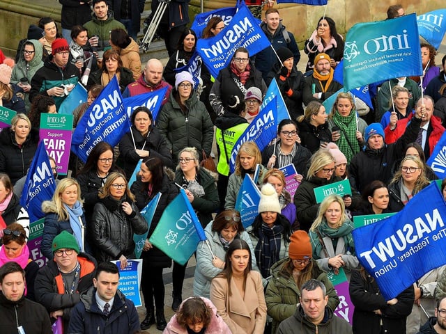 Teachers' unions members and supporters hold a strike rally in Guildhall Square on Tuesday morning. Photo: George Sweeney. DER2308GS 69