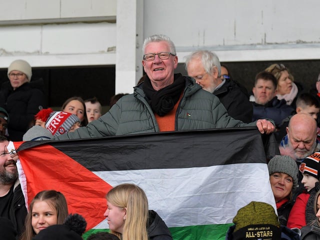 Fan at Derry’s game against Dublin, in Celtic Park, on Saturday. Photo: George Sweeney