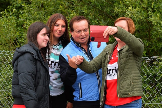 RTE’s Gaelic Games commentator, Martin Morrissey, poses for a selfie with Derry fans at Celtic Park. Photo: George Sweeney