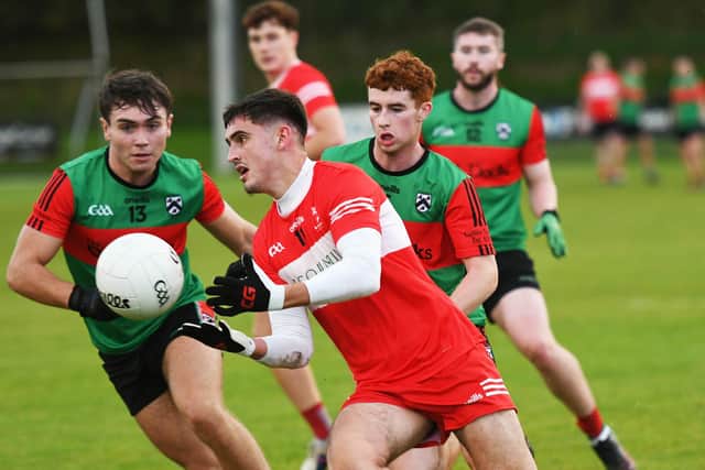 Magilligan's Colly Mullan in action against Doire Trasna. (Photo: Keith Moore)