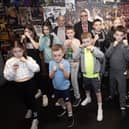 A number of the young boxers from Oakleaf BC pictured before Tuesday evening's premiere on their club at the Nerve Centre, Derry. Included are boxing supremos Edmund Donnelly, Eugene Duffy and club coach Eugene O'Kane, Junior. (Photos: Jim McCafferty Photography)