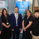 Mayor Ruairí McHugh at the launch of his chosen charities for the year ahead. From left, are Dr. Morris Brown, Castlederg Patient Comfort & Terminally Ill Fund, Yvonne McGrory-Reader, PIPS (Suicide Prevention Ireland), and from right, Shéa Doherty and Liz Graham, PIPS (Suicide Prevention Ireland). (Photo - Tom Heaney, nwpresspics)