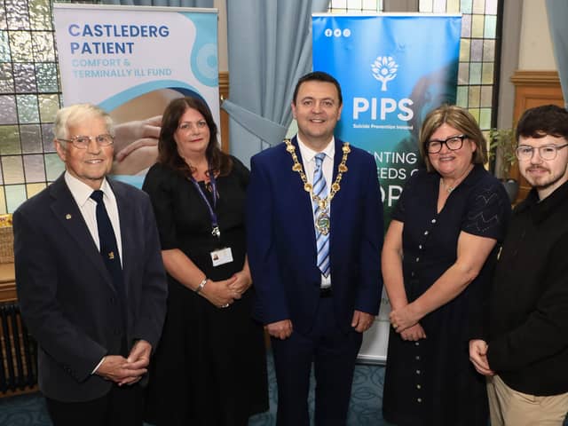 Mayor Ruairí McHugh at the launch of his chosen charities for the year ahead. From left, are Dr. Morris Brown, Castlederg Patient Comfort & Terminally Ill Fund, Yvonne McGrory-Reader, PIPS (Suicide Prevention Ireland), and from right, Shéa Doherty and Liz Graham, PIPS (Suicide Prevention Ireland). (Photo - Tom Heaney, nwpresspics)