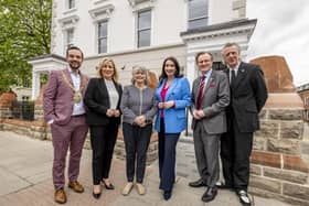 Lord Mayor Micky Murray, First Minister Michelle O'Neill, Marie Heaney, Deputy First Minister Emma Little Pengelly, Vice-Chancellor Professor Sir Ian Greer and Professor Glenn Patterson