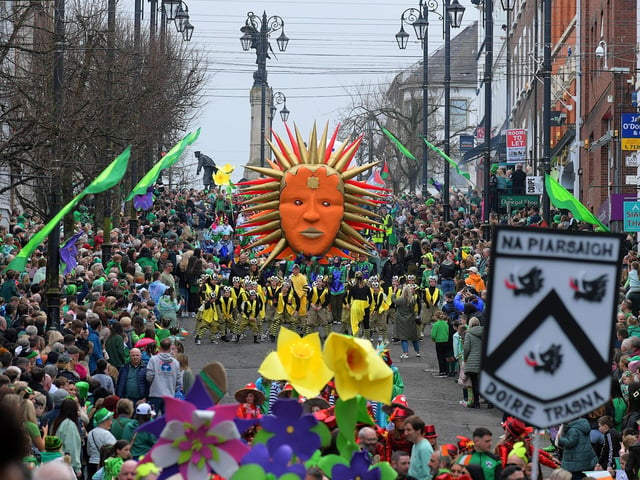 The Derry St Patrick’s Day parade makes its way towards the city centre. Photo: George Sweeney.