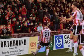 Derry City’s Danny Mullen celebrates scoring against Shelbourne.  Photograph: George Sweeney
