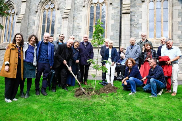 Pat’s daughters Áine and Thérèse were present, alongside other family members, with Bishop Dónal McKeown, Fr. Paul Farren. Mark Durkan and Mark H Durkan MLA, for the tree-planting.