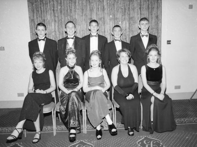 At the Clondermot High School formal. Seated, from left, Hayley Robinson, Zoe Simpson, Stacey Brown, Naomi Welch and Gillian Robinson. Standing, from left, Richard Browne, Richard Adams, Jon McKnight, Jonathan Cloette and Derek Dougherty.