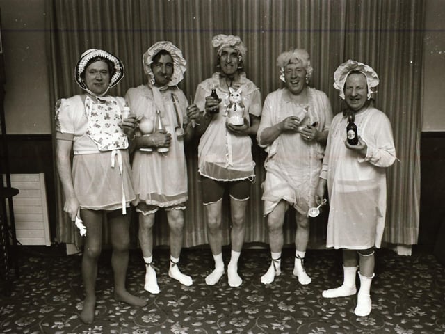 Local men in fancy dress as part of a charity drive back in 1976.