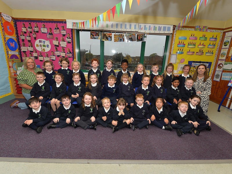 Mrs Chambers (right) P1 class at Good Shepherd Primary School. Included is Mrs Tyre classroom assistant.