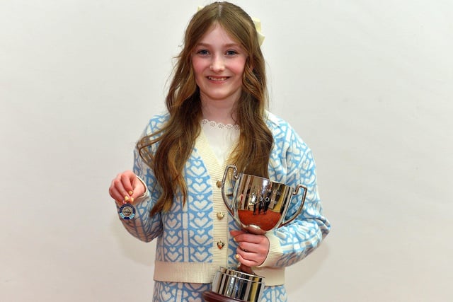 Cara O’Donnell achieved first in P6 English Song and second P5-P6 Irish Song at the Feis Dhoire Cholmcille on Tuesday at the Millennium Forum. Photo: George Sweeney.  DER2315GS – 169