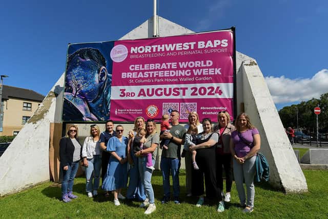 Representatives from North West BAPS, BBHF and Cuidui pictured at the launch of the North West BAPS banner at Free Derry Wall recently. North West BAPS will celebrate World Breast Feeding Week at the St Columb's Park House Walled Garden on 3rd August next. Photo: George Sweeney