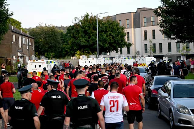 16 July 2026; CSKA Sofia supporters leave the stadium under a PSNI escort following the UEFA Europa League First Qualifying Round 2nd Leg match between Derry City and CSKA Sofia at The Ryan McBride Brandywell Stadium in Derry. Photo by Stephen McCarthy/Sportsfile