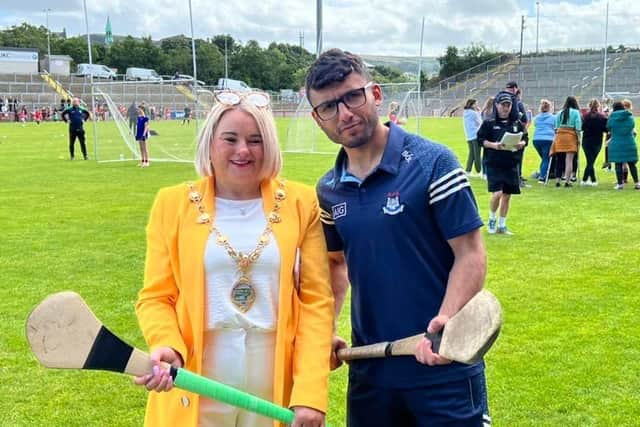 Mayor of Derry City and Strabane District Council, Colr. Sandra Duffy with social media influencer Abood Al Jumaili during his recent visit to the Chietain Games in Celtic Park.