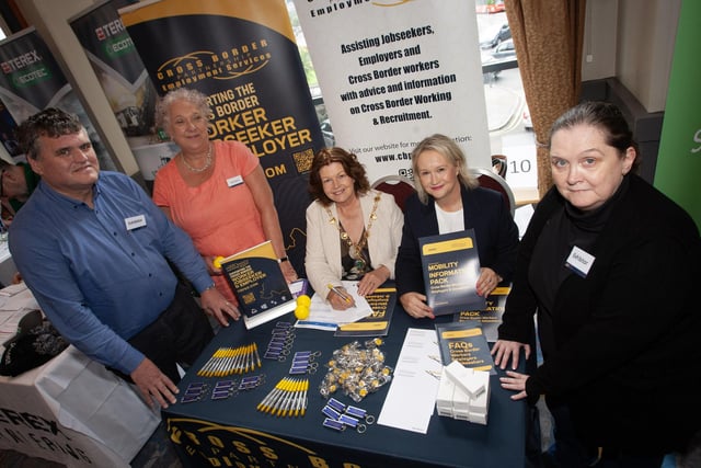 The Mayor Patricia Logue pictured at Tuesday's Derry Job Fair in the City Hotel with from left, Declan Martin, Department Social Partnership, Barbara Gibson, Cros Border Employment, Lorraine O'Malley, co-Ordinator, Cross Border Partnership and Clare O'Neill.