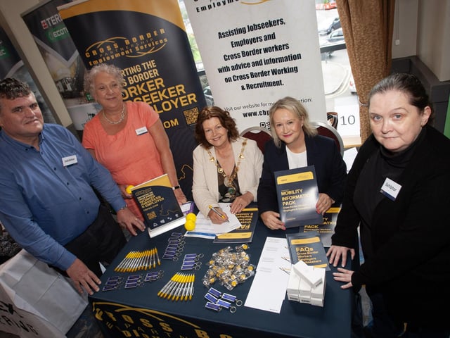 The Mayor Patricia Logue pictured at Tuesday's Derry Job Fair in the City Hotel with from left, Declan Martin, Department Social Partnership, Barbara Gibson, Cros Border Employment, Lorraine O'Malley, co-Ordinator, Cross Border Partnership and Clare O'Neill.