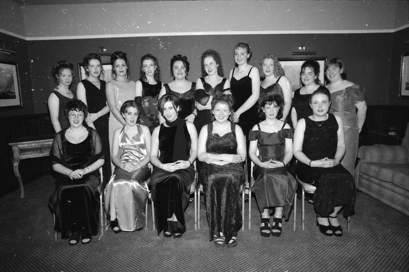 Seated, from left, Evelyn Havlin, Tracey McElhinney, Rachel Doherty, Margaret McConalogue, Kathleen Mooney and Patricia Coyle. Standing, from left, Rosella McLaughlin, Deirdre McCole, Pamela Crowley, Aisling Gallagher, Roisin Coyle, Tracie Bonner, Suzanne Diver, Breege McLaughlin, Celine McConalogue and Catherine Grant. Pictured at the Carndonagh Community School formal in January 1998.