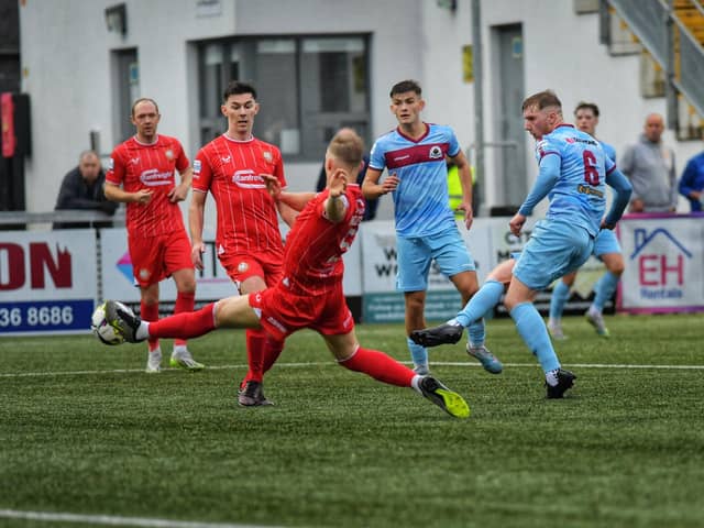 Institute's Evan Tweed scores a first half goal against Portadown. Photograph: George Sweeney