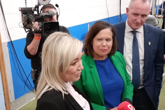 Sinn Féin First Minister Michelle O'Neill and party leader Mary Lou McDonald address the media in Magherafelt.