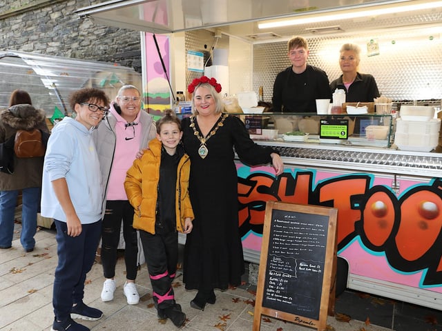 Mayor Sandra Duffy at Sophie's Scran eatery with, from left, Jenna, Kerri and Quinn. (Photo - Tom Heaney, nwpresspics)
