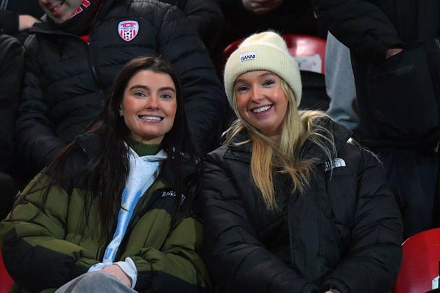 Smiling Derry City fans at the Brandywell for the game against Waterford. Photo: George Sweeney