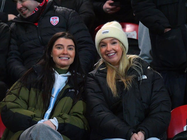 Smiling Derry City fans at the Brandywell for the game against Waterford. Photo: George Sweeney