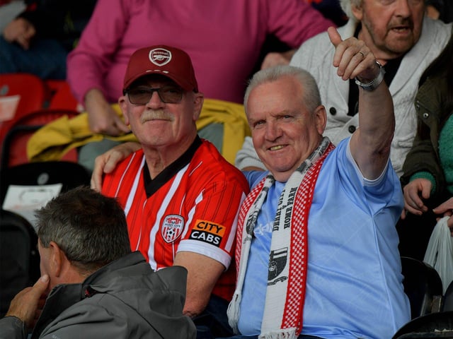 Derry City fans at the game against Sligo Rovers on Friday evening. Photo: George Sweeney. DER2327GS – 053