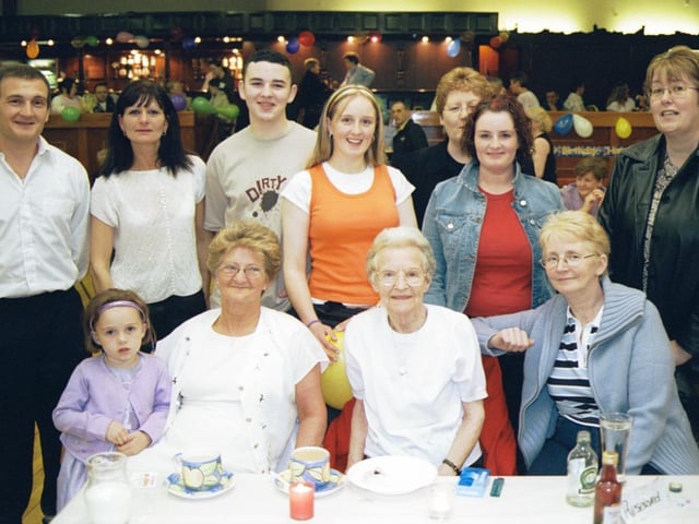 At the birthday party in St Eugene's Parish Hall were:- Mary Confey, Attracta Whoriskey, Liam Wilson, Kathleen Moloney, Mary Moloney, Patricia Wilson, Alex Wilson, Monica Wilson, Niamh Wilson and Monica Harrington. 290503HG18
